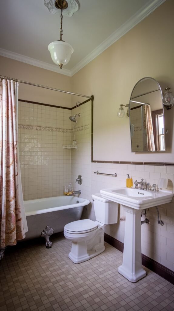 A southern classic traditional bathroom with light-colored square wall tiles and a matching floor. It features a pedestal sink and a clawfoot bathtub with a shower curtain. An ornate ceiling light fixture and a framed arched mirror complete the classic look.