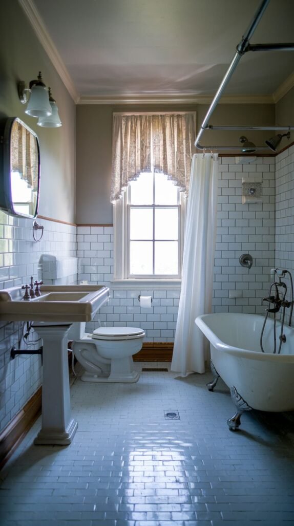 A southern classic bright bathroom with white subway tiles lining the walls up to a window, and light blue rectangular floor tiles. A pedestal sink and a clawfoot tub with a shower curtain are visible, maintaining a clean and classic aesthetic.