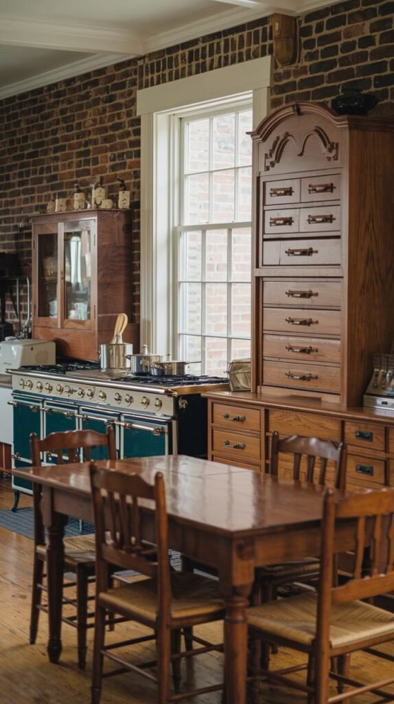 A southern classic rustic kitchen with striking exposed brick walls. The room is furnished with a wooden dining table and chairs in the foreground, and features a large, teal-colored range and traditional wooden cabinetry, creating a cozy atmosphere.