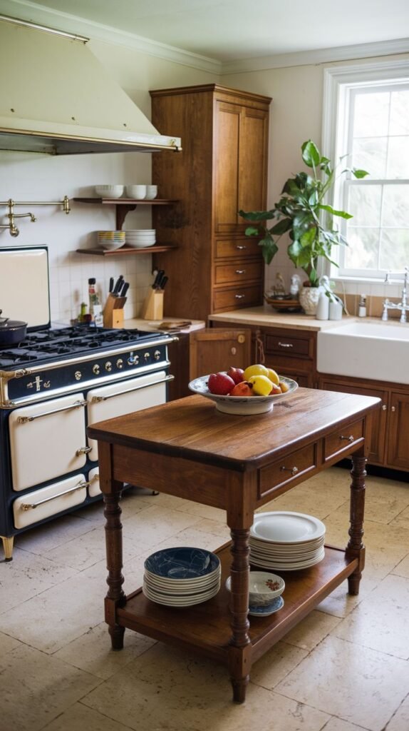 A southern classic inviting kitchen featuring a large, cream-colored range with dark accents and a matching range hood. The kitchen has warm wooden cabinetry, a white farm sink, and a central wooden island laden with a bowl of fruit and stacked plates, set against light tiled floors.