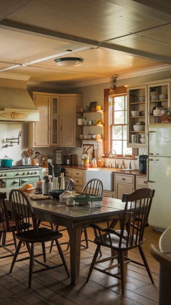 A southern classic charming kitchen with a central wooden dining table surrounded by chairs, ready for a meal. The kitchen features light-colored cabinets, open shelving filled with dishes, a white farm sink under a large window, and a light green range, evoking a cozy, lived-in feel.