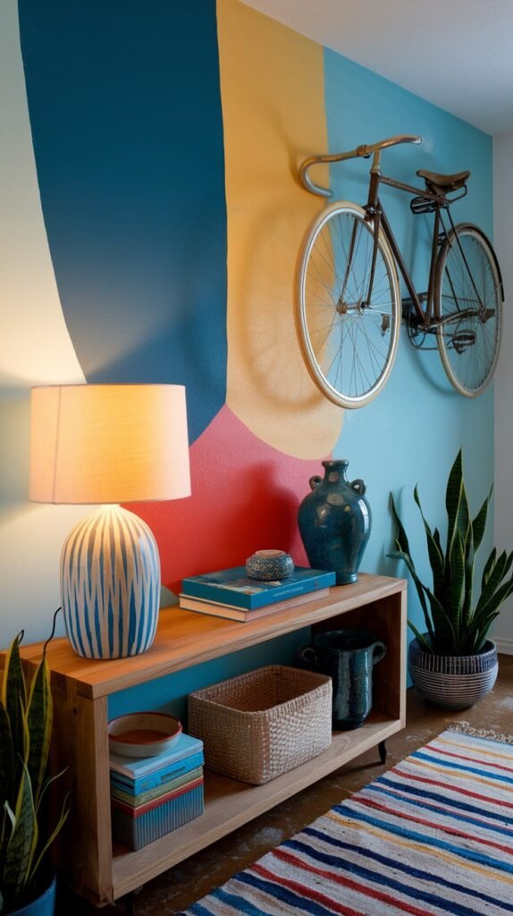 A colorful and quirky entryway or hallway with an abstract painted wall in bold shades of blue, yellow, and red. A vintage bicycle is creatively mounted on the wall above a wooden console table, which holds a striped lamp, books, and potted plants, contributing to the room's artistic and energetic feel.