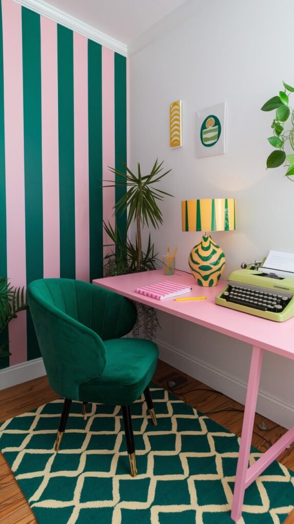 A colorful and quirky home office featuring a bold accent wall with wide vertical stripes in green and pink. A long pink desk is paired with a plush emerald green velvet chair, creating a striking contrast. A unique yellow and green striped lamp, a vintage green typewriter, and potted plants add to the vibrant and creative ambiance of the room, along with a green diamond-patterned rug.