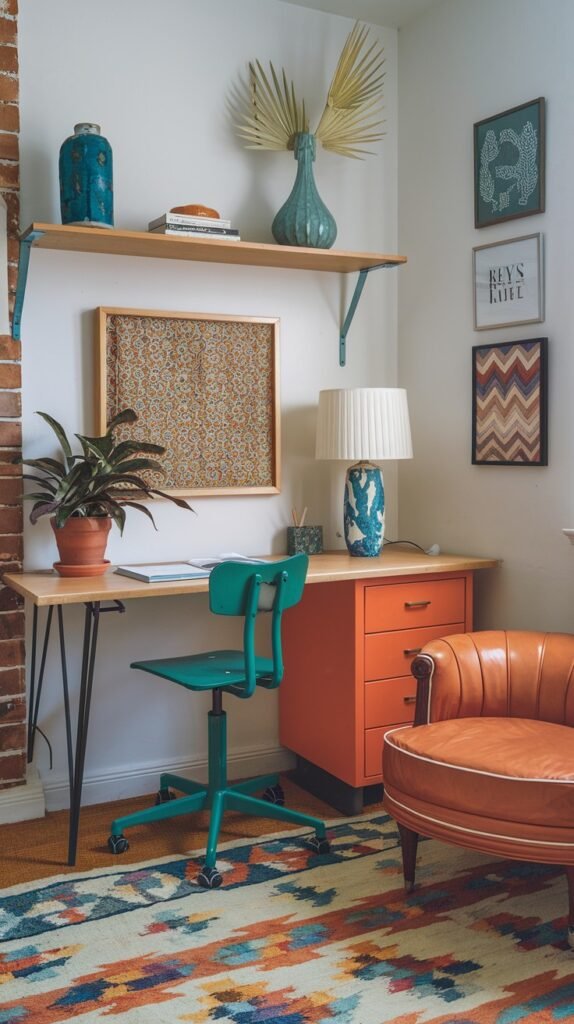 A colorful and quirky home office featuring a light wooden desk with black metal legs, an orange filing cabinet, and a bright teal office chair on wheels. The room has a white wall with a wooden shelf holding teal vases and a unique decorative fan, along with framed abstract art. An orange leather armchair adds another pop of color, while a multi-colored abstract rug ties the vibrant elements together.