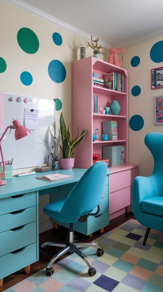A colorful and quirky children's room or creative space with cream walls adorned with large blue and green polka dots. A light blue desk with drawers is matched with a bright blue office chair, and a pink hutch bookshelf filled with books and decorative objects stands alongside. A pink task lamp illuminates a whiteboard, and a geometric rug in pastel shades completes this cheerful and imaginative setting.