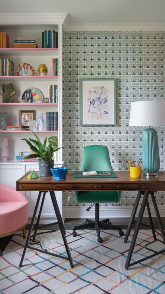 A colorful and quirky home office with patterned wallpaper featuring a small floral motif in blues and greens. A dark wood desk with metal A-frame legs is paired with a green office chair. A tall white bookshelf with pink-lined shelves is filled with books and an assortment of unique, colorful decorative items, enhancing the room's eclectic and vibrant appeal, alongside a multi-colored grid-patterned rug.