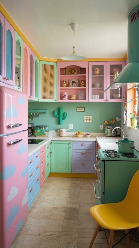 A colorful and quirky kitchen showcasing a vibrant pastel palette with cabinets in pink, light blue, mint green, and lavender. A retro-style pink refrigerator features a whimsical cloud pattern, and a mint green stove and range hood add to the playful aesthetic. A tall green cactus decoration on the counter further emphasizes the unique and cheerful design of the space.