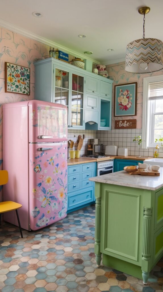 A colorful and quirky kitchen featuring a large pink refrigerator adorned with a bold floral pattern. The cabinetry is a mix of light blue and light green, with open shelving displaying dishes. A white subway tile backsplash contrasts with a light wood countertop, and the floor is covered in colorful hexagonal tiles, creating a lively and unique culinary space.