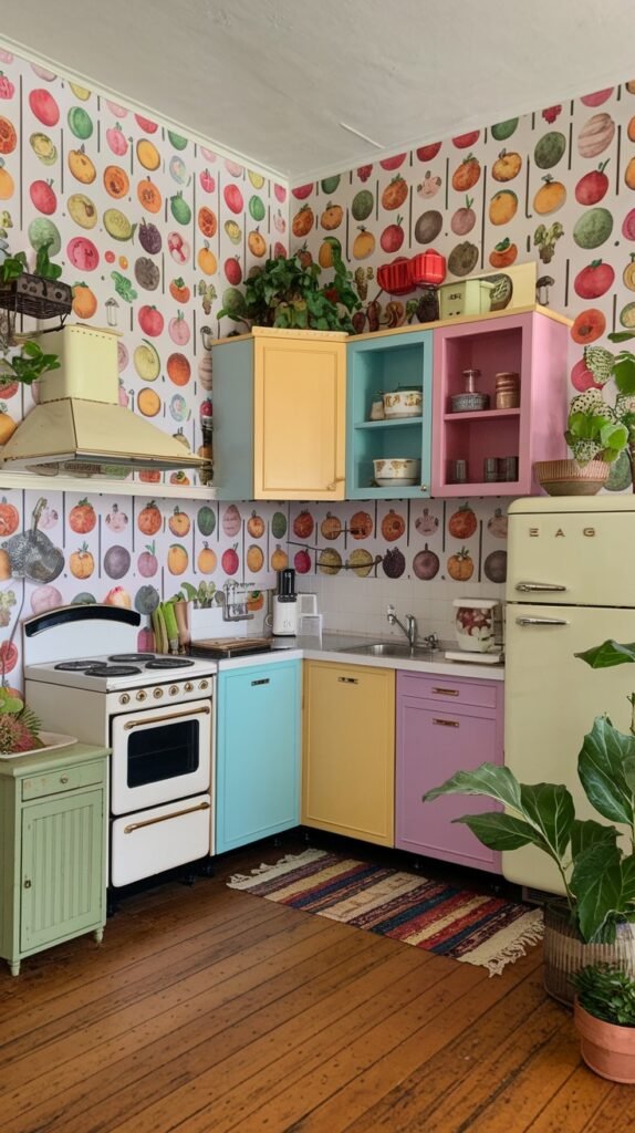 A colorful and quirky kitchen with vibrant wallpaper featuring an all-over pattern of various fruits. The cabinets are in contrasting shades of yellow, pink, and light blue. A white vintage-style stove and refrigerator stand out, and a small striped rug on the wooden floor adds another layer of pattern and color to this cheerful and unique kitchen design.