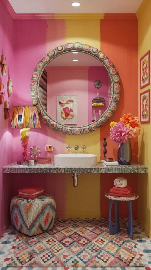 A colorful and quirky bathroom or powder room with walls painted in bold vertical stripes of hot pink, orange, and yellow. A large round mirror with a multi-colored frame hangs above a white sink with a patterned countertop. A vibrant patterned rug covers the floor, and various colorful decorative items, including an ottoman and flowers, contribute to the space's energetic and artistic ambiance.