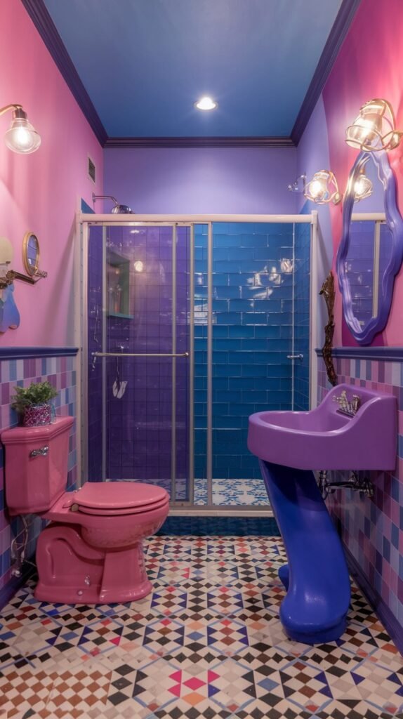 A colorful and quirky bathroom featuring walls painted in bright pink, with a vivid blue ceiling and purple wainscoting. The room includes a striking pink toilet, a unique blue and purple sink, and a shower with blue and purple tiles, creating a bold and unconventional design. The floor is covered in a multi-patterned geometric tile, adding to the room's playful and vibrant character.