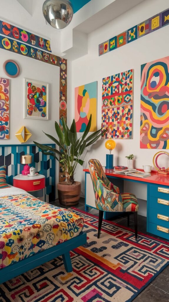 A colorful and quirky bedroom bursting with vibrant hues and geometric patterns. The room features a blue bed frame with a multi-colored patterned duvet cover and pillows. Abstract and geometric artworks adorn the white walls, complemented by a large, bold patterned rug. A blue desk with red drawers and a multi-patterned chair, along with a reflective disco ball, contribute to the room's energetic and playful aesthetic.