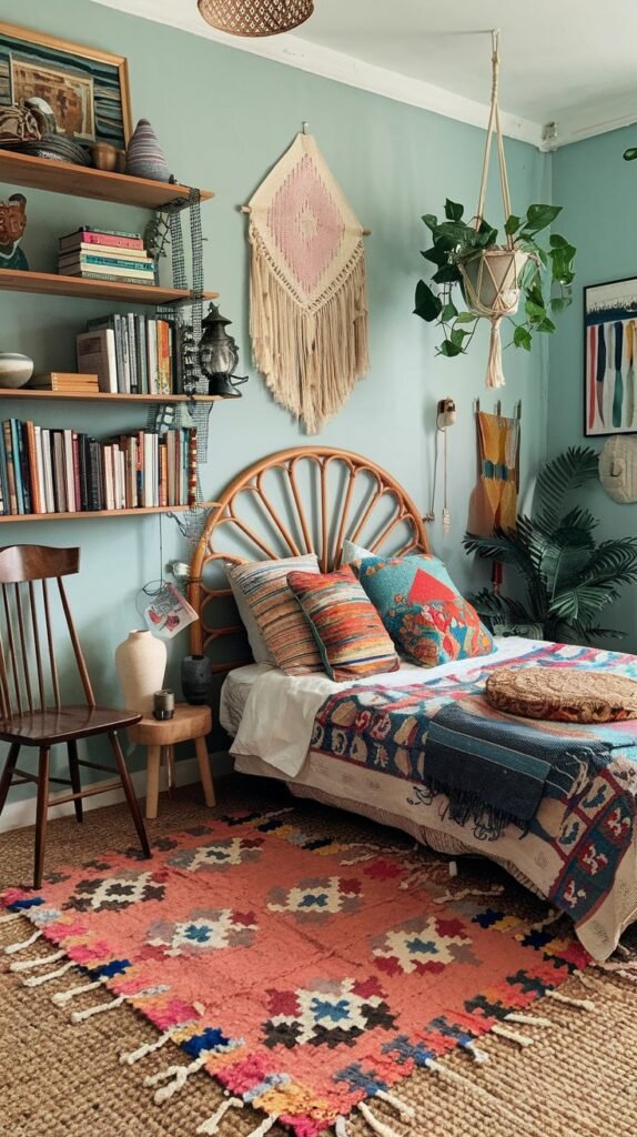 A colorful and quirky bedroom with light blue-green walls and a natural wood headboard. The bed is adorned with numerous patterned and textured pillows and a multi-colored throw blanket. A large, colorful geometric rug with fringe details covers the floor. Floating wooden shelves are filled with books and decorative objects, while a large macrame wall hanging and potted plants add to the room's bohemian and unique charm.