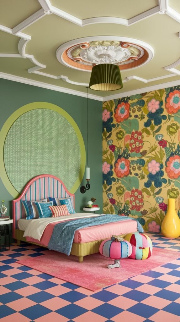A colorful and quirky bedroom designed with a mix of bold patterns and shapes. The room features a light green ceiling with an ornate white medallion and a dramatic pleated light fixture. One wall is covered in a large-scale floral wallpaper, while the other is green with a circular design. A pink and white striped bed is complemented by a pink and blue checkered floor, and multi-colored striped ottomans add to the room's playful and whimsical character.