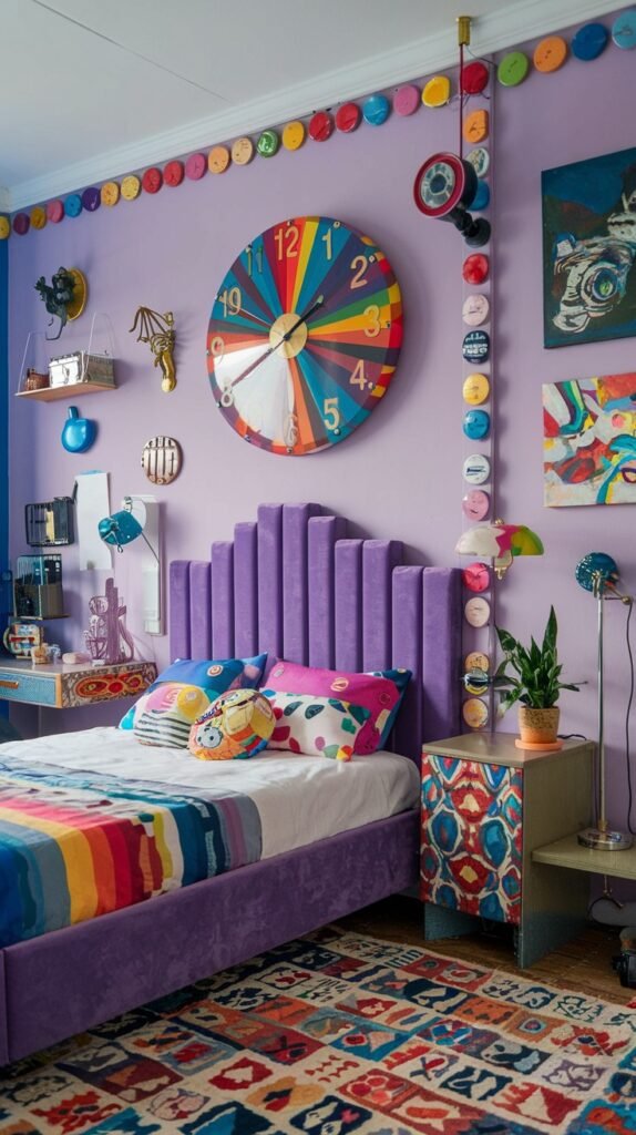 A colorful and quirky bedroom with lavender walls and a purple velvet headboard with vertical fluting. The room is exceptionally vibrant, featuring a large, multi-colored clock as a central art piece, and a ceiling-to-floor string of colorful buttons as a unique decorative element. The bed has a rainbow-striped duvet cover and patterned pillows, and a bold patterned rug covers the floor, contributing to the room's playful and artistic atmosphere.