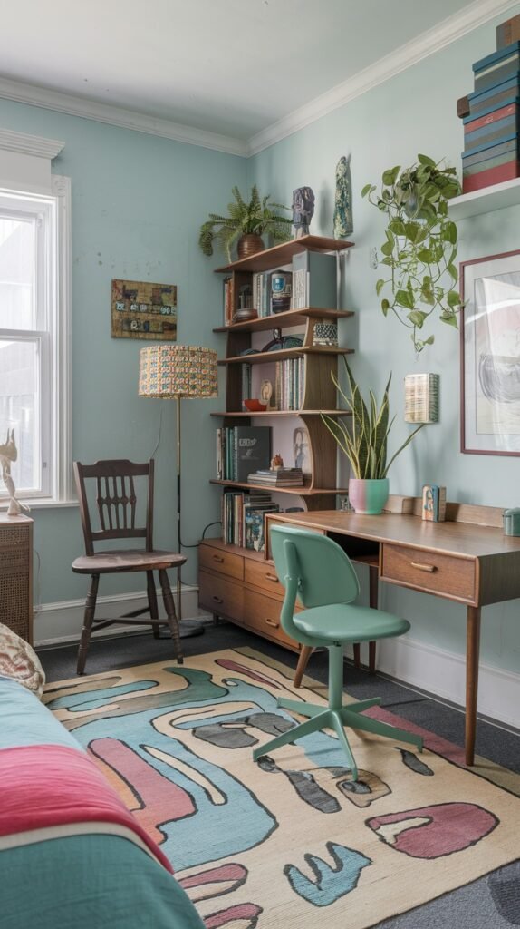 A colorful and quirky bedroom or study space with light blue walls and a large window. A wooden desk with a green office chair is positioned next to a tall wooden bookshelf filled with books and decorative items. Potted plants hang from shelves, and a large abstract patterned rug with organic shapes in blues, pinks, and creams adds a artistic and playful element to the room.