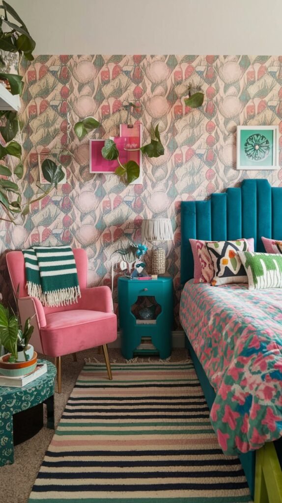 A colorful and quirky bedroom with patterned wallpaper featuring organic shapes and pink and green hues. A vibrant teal upholstered headboard defines the bed, which is adorned with a brightly patterned duvet cover and decorative pillows. A plush pink armchair with a striped throw blanket, a unique teal hexagonal side table, and multiple potted plants enhance the room's vibrant and eclectic aesthetic, complemented by a striped rug.