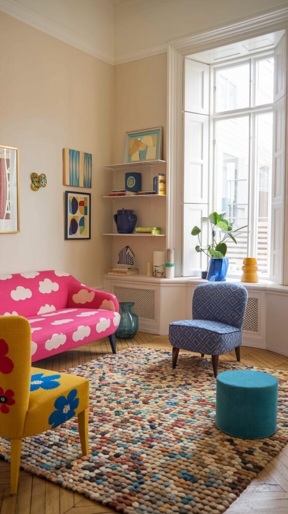 A colorful and quirky living room with a large bay window, featuring a unique pink sofa with a white cloud pattern. A small blue patterned armchair and a yellow floral-patterned chair flank a round teal ottoman. A textured multi-colored rug covers the wooden floor, and various abstract artworks adorn the light-colored walls, creating a bright and whimsical space.