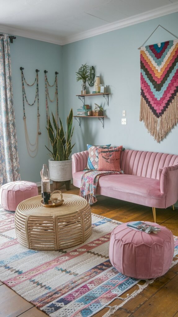 A colorful and quirky living room with light blue walls, featuring a pink velvet fluted sofa. The room is decorated with a large woven wall hanging in a chevron pattern of various colors. A round rattan coffee table is surrounded by pink poufs, and a large patterned rug with stripes in various colors covers the floor, contributing to a cozy and bohemian yet colorful and unique aesthetic.