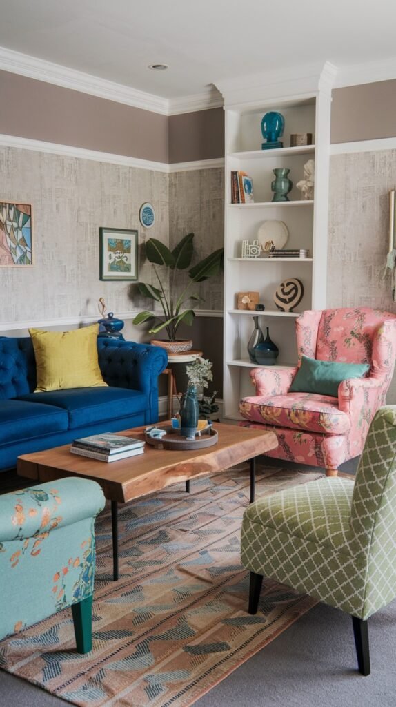 A colorful and quirky living room featuring a vibrant blue tufted sofa, a pink floral patterned wingback armchair, and a green patterned occasional chair, all centered around a rustic wood coffee table on a geometric rug. The room has textured wallpaper, white built-in shelves displaying various decorative items, and eclectic artwork, creating a dynamic and inviting atmosphere.