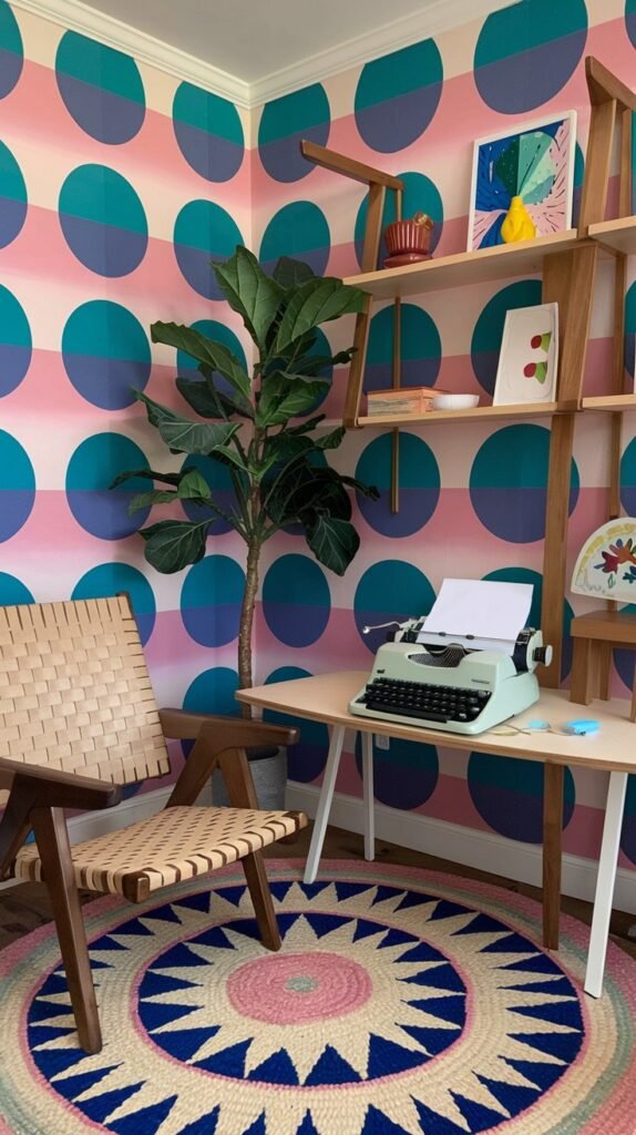A colorful and quirky home office space with eye-catching striped and circular patterned wallpaper in pink, purple, and teal. A light wood desk with a vintage green typewriter is paired with a woven chair, while a tall fiddle leaf fig plant and tiered wooden shelves with decorative items add to the vibrant and playful environment.