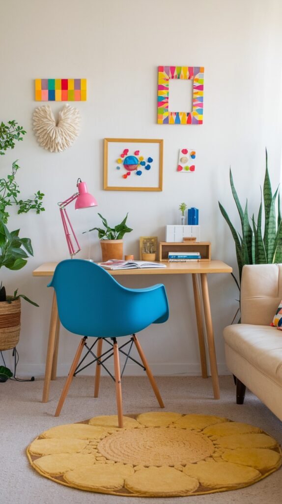 A colorful and quirky workspace set against a light-colored wall, adorned with bright, abstract art pieces, including a multi-colored frame and a heart-shaped relief. A light wood desk holds a bright pink lamp and potted plants, with a vibrant blue chair, and a unique yellow floral-shaped rug adds a whimsical touch to the room.
