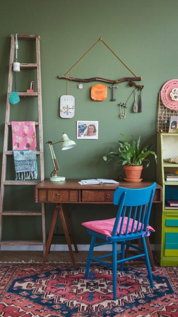 A colorful and quirky home office with deep olive green walls serving as a backdrop for a rustic wooden desk and a bright blue chair with a pink cushion. The space is decorated with a ladder shelf, a unique branch-like wall hanging displaying small trinkets, a vintage green desk lamp, and a richly patterned rug, creating an eclectic and cozy vibe.