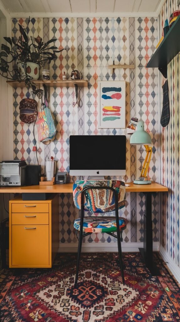 A colorful and quirky home office featuring a striking geometric patterned wallpaper with diamond shapes in various hues. A large monitor sits on a wooden desk with a bright yellow filing cabinet, complemented by a chair with a multi-patterned fabric. The room includes hanging plants, framed artwork with abstract strokes, and a traditional patterned rug, enhancing its vibrant and personalized character.