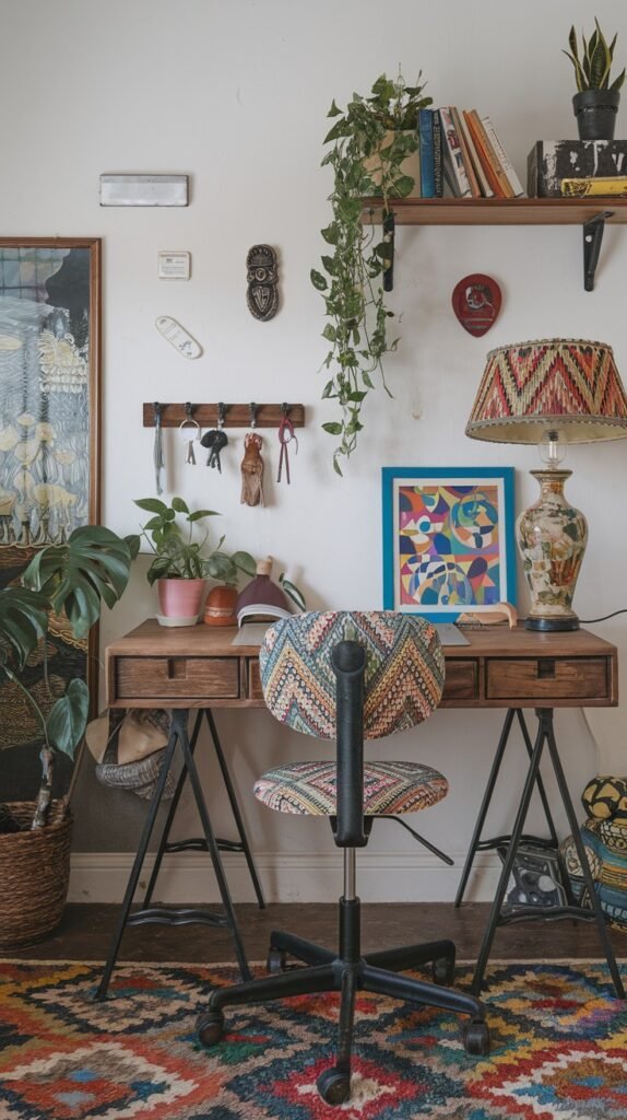 A colorful and quirky home office space with a white wall adorned with various small decorative masks and a key holder. A wooden desk with two drawers is paired with a multi-patterned office chair on wheels. Potted plants, a floor-standing lamp with a patterned shade, and an abstract framed artwork add to the eclectic and vibrant decor, while a colorful geometric rug anchors the space.