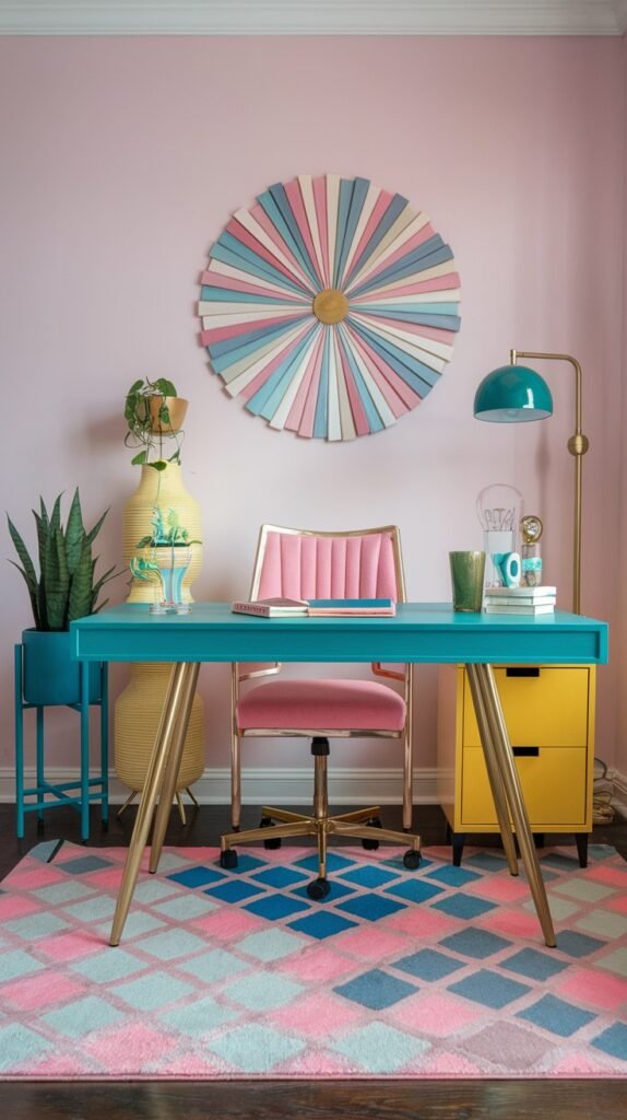 A colorful and quirky home office with soft pink walls and a bright teal desk with golden legs. A plush pink velvet chair with golden accents is positioned in front of the desk, which holds a teal lamp and various decorative objects. A large sunburst wall art in pastel colors hangs above the desk, and a diamond-patterned rug in pink, blue, and grey completes the room's playful and stylish look.