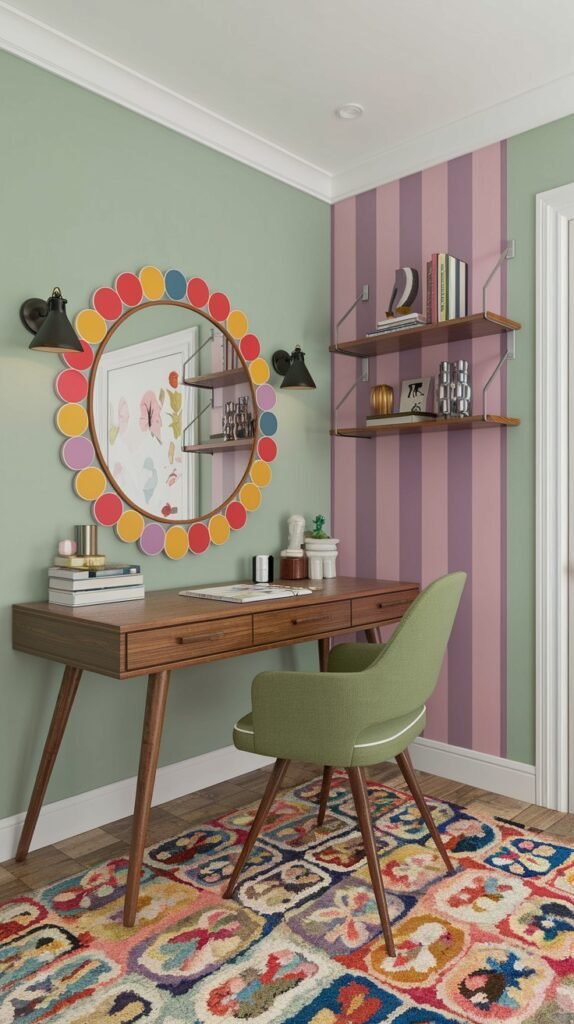 A colorful and quirky home office with sage green walls and a distinctive striped accent wall in shades of pink and purple. A wooden desk is paired with a light green upholstered chair, while a circular mirror framed with multi-colored polka dots adds a whimsical touch. Floating wooden shelves on the wall display books and decorative items, and a vibrant multi-patterned rug covers the floor.