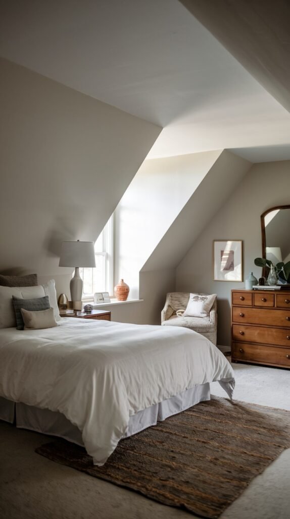 A Comfortable attic bedroom with light-colored sloped walls, a bed with white bedding, a wooden dresser with a mirror, and a cozy armchair by the window.