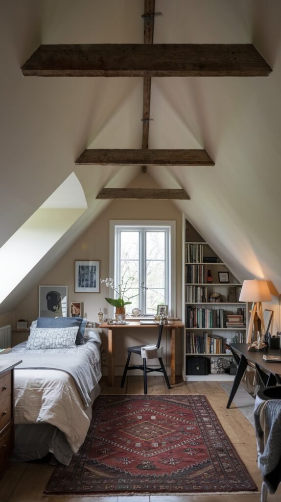 A functional and Comfortable attic bedroom featuring exposed wooden beams, a bed, a desk positioned by a window, and a built-in bookshelf, all contributing to a warm ambiance.