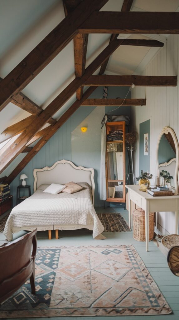 An airy and Comfortable attic bedroom with exposed wooden beams, light blue shiplap walls, a bed with a quilted cover, a white dressing table with a mirror, and a geometric patterned rug.