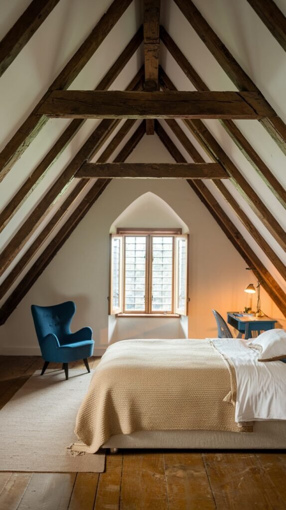 A minimalist yet Comfortable attic bedroom emphasizing dramatic exposed wooden beams, a large bed, a vibrant blue armchair, and a window with wooden shutters.