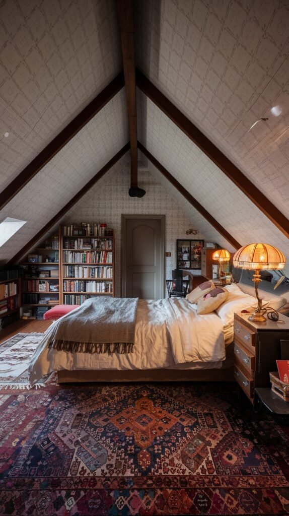 A richly decorated and Comfortable attic bedroom with patterned wallpaper on the sloped ceiling, a large bed, a prominent bookshelf, and an intricate oriental rug.