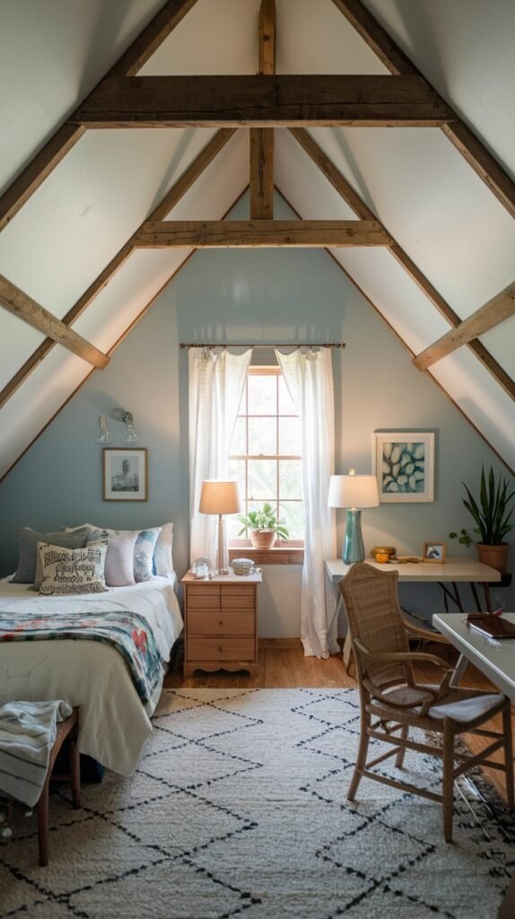 A fresh and Comfortable attic bedroom with exposed wooden beams, light blue sloped walls, a white bed, a desk with a wicker chair, and a large patterned rug.