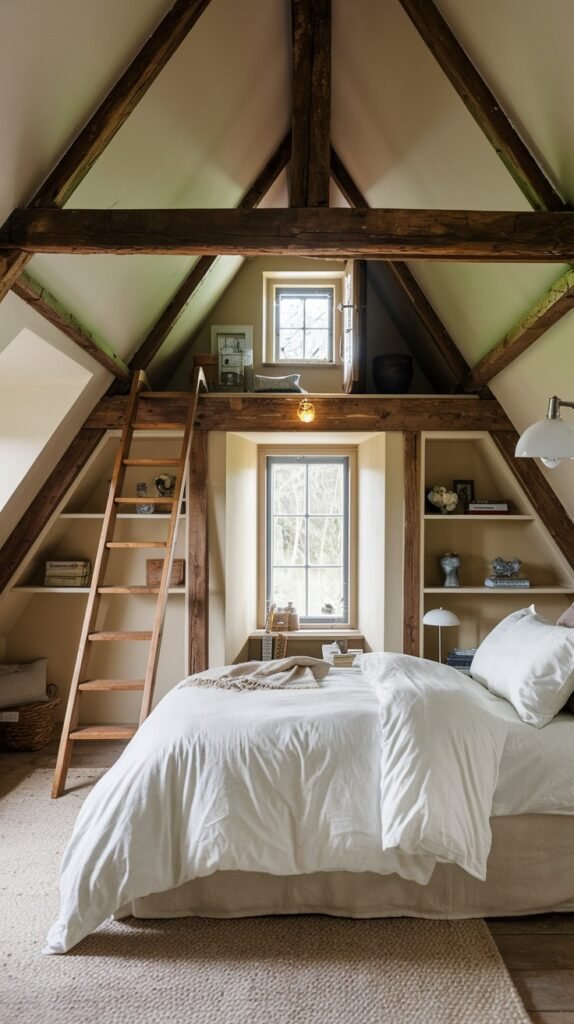 A charming and Comfortable attic bedroom featuring exposed wooden beams, a bed with white linens, multiple windows, and a wooden ladder leading to a small upper loft area.