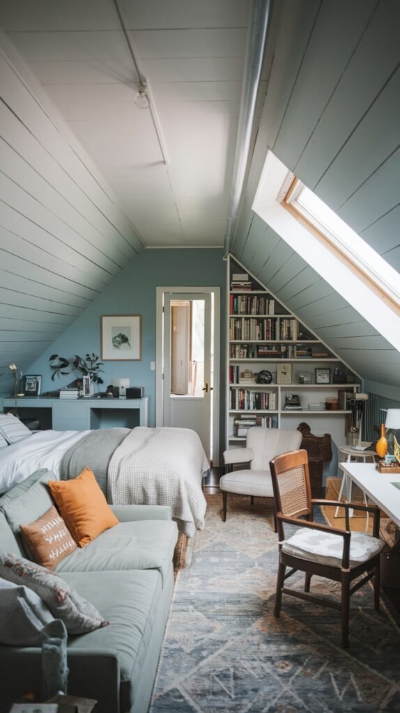 A modern and Comfortable attic bedroom with light blue sloped ceilings, a bed, a grey sofa, and a large built-in bookshelf that utilizes the sloped wall space.