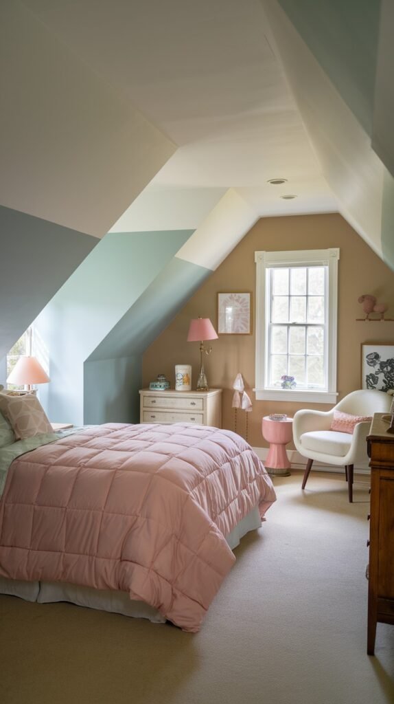 A soft and Comfortable attic bedroom with walls painted in contrasting light blue and beige tones, a bed with a pink comforter, a white dresser, and a plush white armchair.
