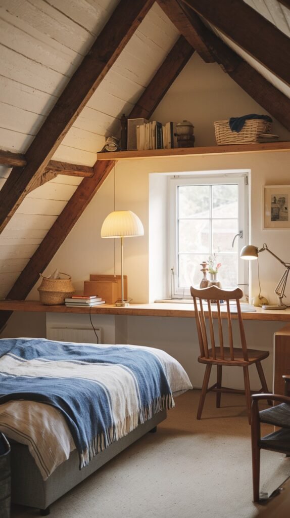 A bright and Comfortable attic bedroom with exposed wooden beams, a white sloped ceiling, a bed, and a desk integrated under a window, illuminated by a tall, modern lamp.