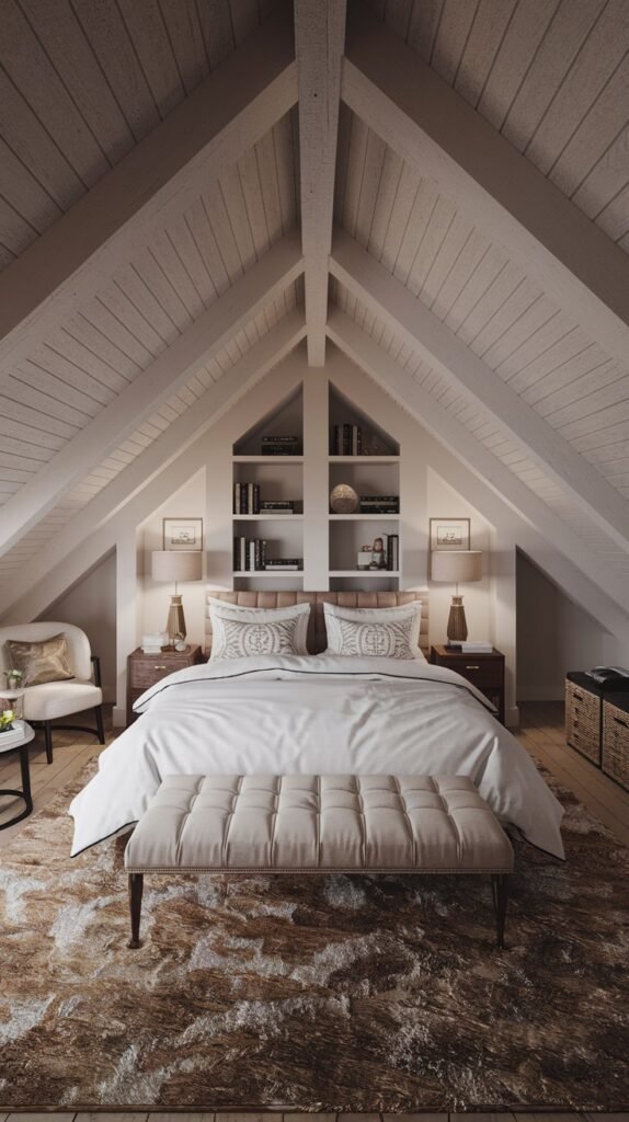 An elegant and Comfortable attic bedroom with white sloped wooden ceilings and beams, a large bed with a padded bench, and symmetrical built-in shelves around the headboard.