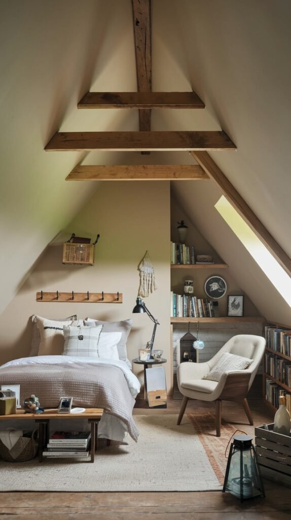 A rustic and Comfortable attic bedroom showcasing exposed wooden beams, a bed with checkered pillows, and a dedicated reading nook with an armchair and shelves built into the sloped wall.