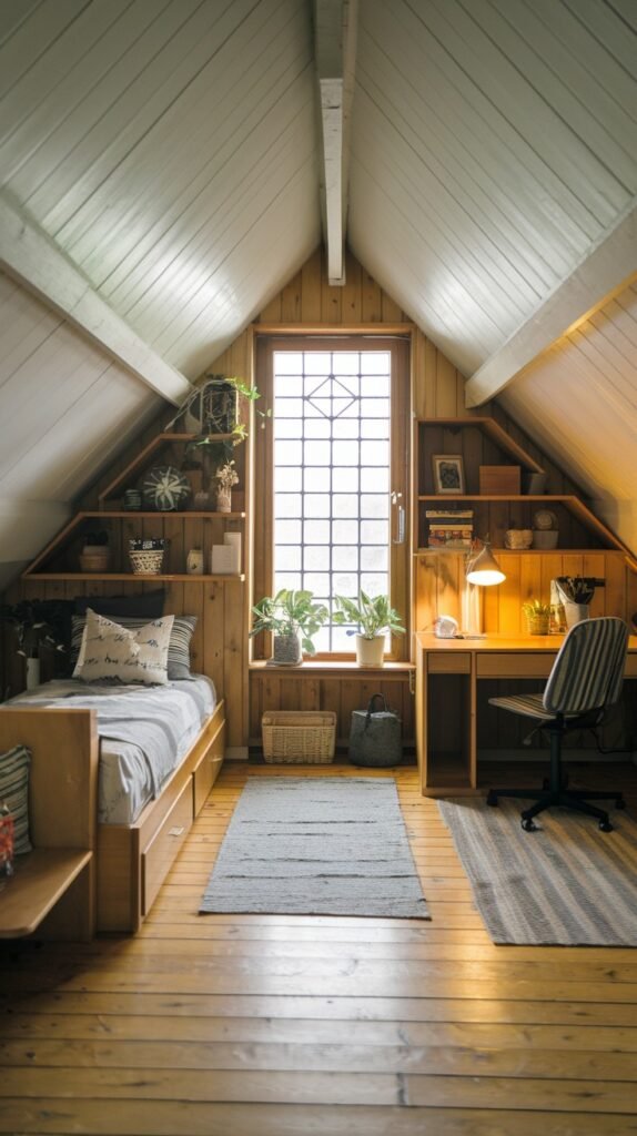 A naturally lit and Comfortable attic bedroom with white sloped wooden ceilings, a wooden bed with storage, a desk, and a tall window adorned with numerous plants.