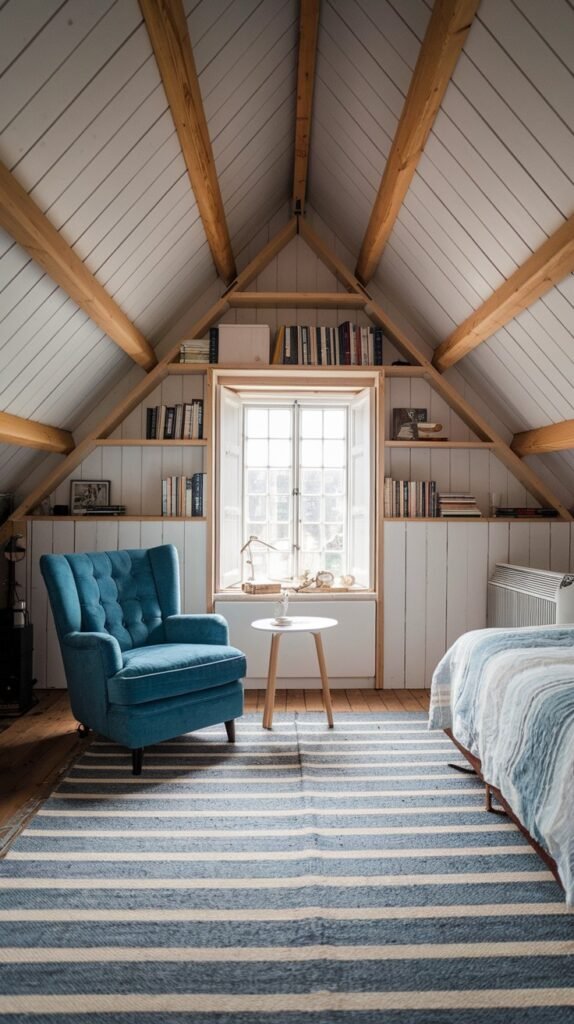 A spacious and Comfortable attic bedroom featuring white sloped wooden ceilings and beams, a large window framed by bookshelves, a striking blue armchair, and a striped rug.