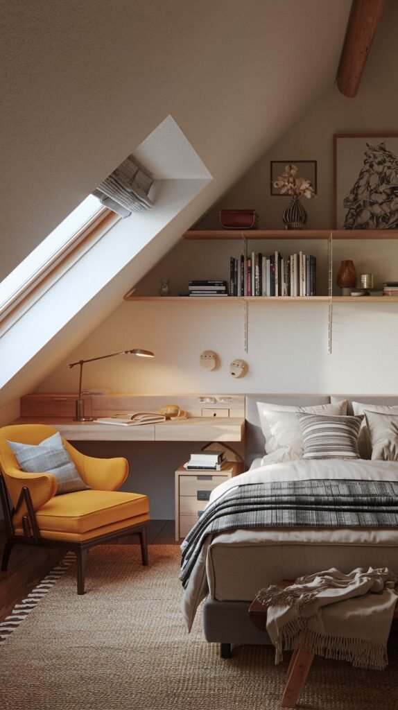 A contemporary and Comfortable attic bedroom with a sloped ceiling, a skylight, a bed, a sleek desk, and a bold orange armchair, offering a vibrant touch.