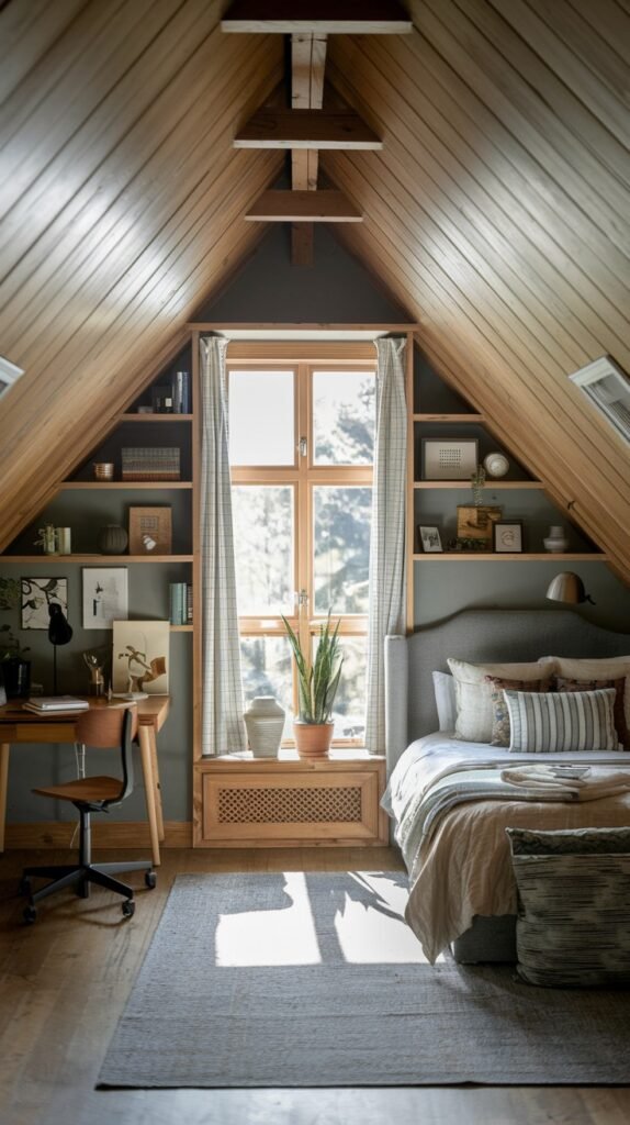 A well-organized and Comfortable attic bedroom with dark grey walls and wooden paneling on the sloped ceiling, a bed, a desk, and built-in shelves surrounding a central window.