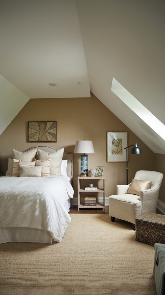 A simple and Comfortable attic bedroom with neutral-toned sloped walls, a bed with a quilted cover, a cream-colored armchair, and a skylight providing natural light.
