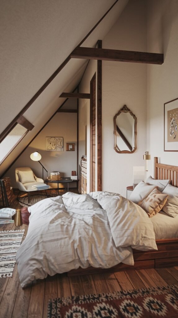 A warm and Comfortable attic bedroom with sloped ceilings, exposed beams, a wooden bed frame, and a cozy reading nook with an armchair and a floor lamp.