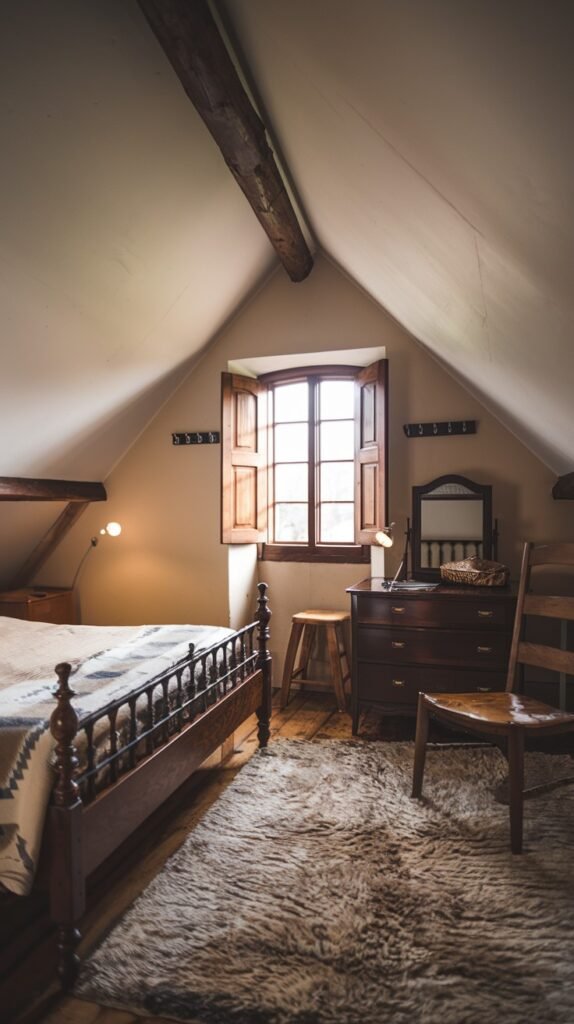 A rustic and Comfortable attic bedroom with sloped ceilings, an exposed wooden beam, a dark wooden bed frame, a dresser with a mirror, and a shaggy rug.